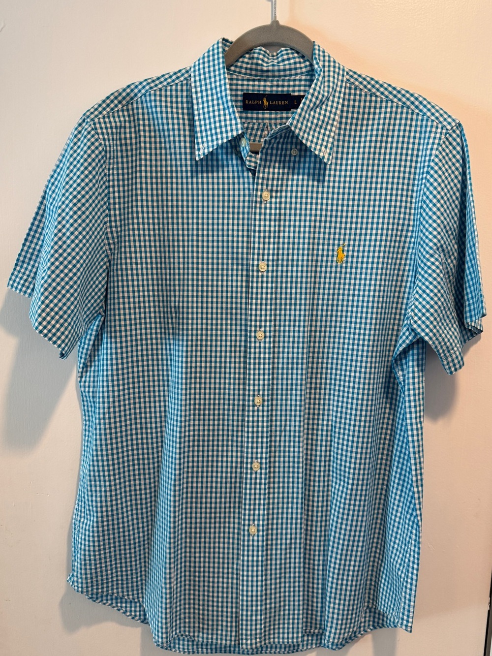 Ralph Lauren Teal and White Short-Sleeve Button-Down Shirt